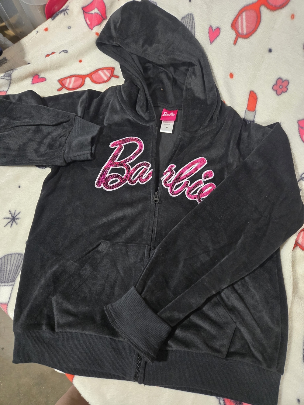 Barbie Kids Black Velour Zip-Up Hoodie with Pink Logo
